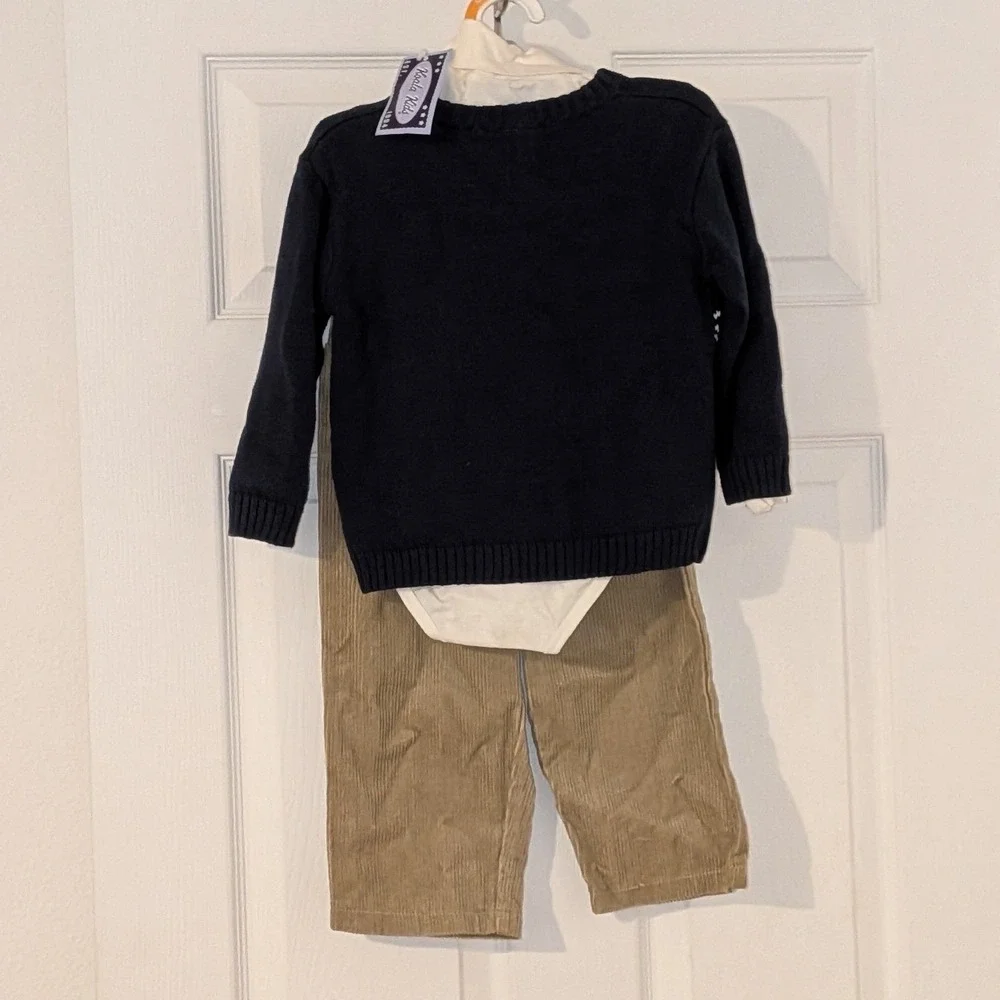 Koala Kids 36M 3T Navy Reindeer Fair Isle Sweater Corduroy Pant Bodysuit Set NWT